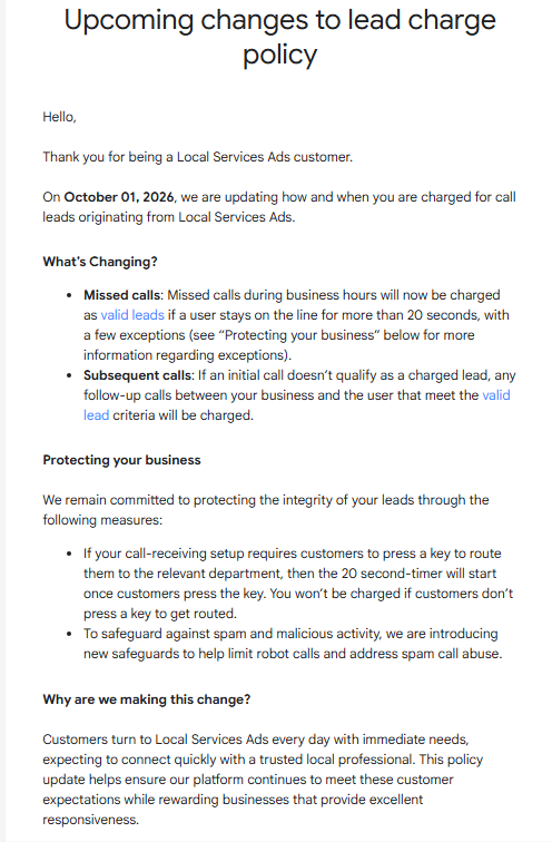 Google Local Services Ads will charge for some missed calls starting Oct. 1