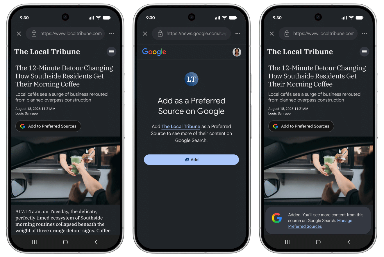 Google makes the Preferred Source button more seamless