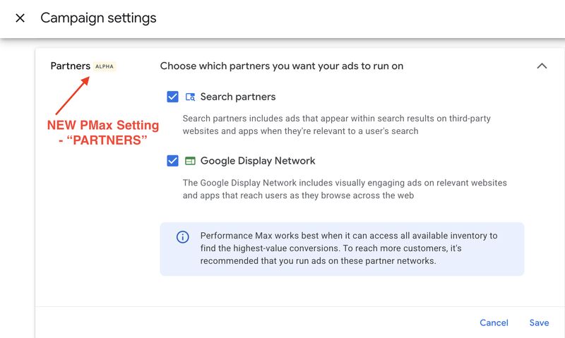Google tests Performance Max network controls with new Partners (Alpha) setting