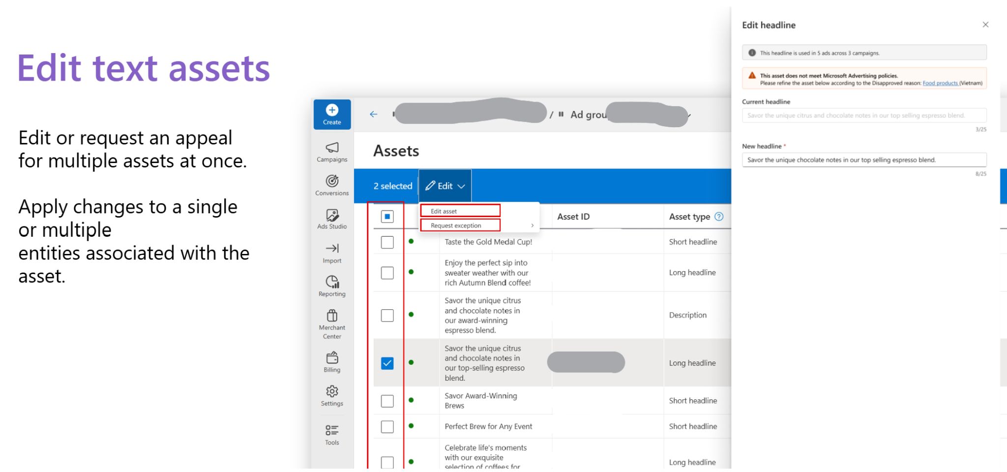 Microsoft Advertising adds bulk editing for disapproved assets